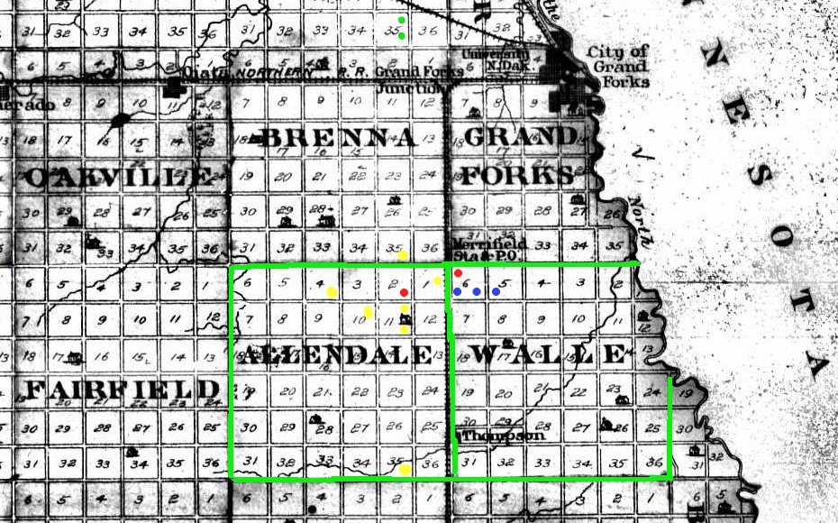 Map showing Grand Forks Counties Allendale and Walle